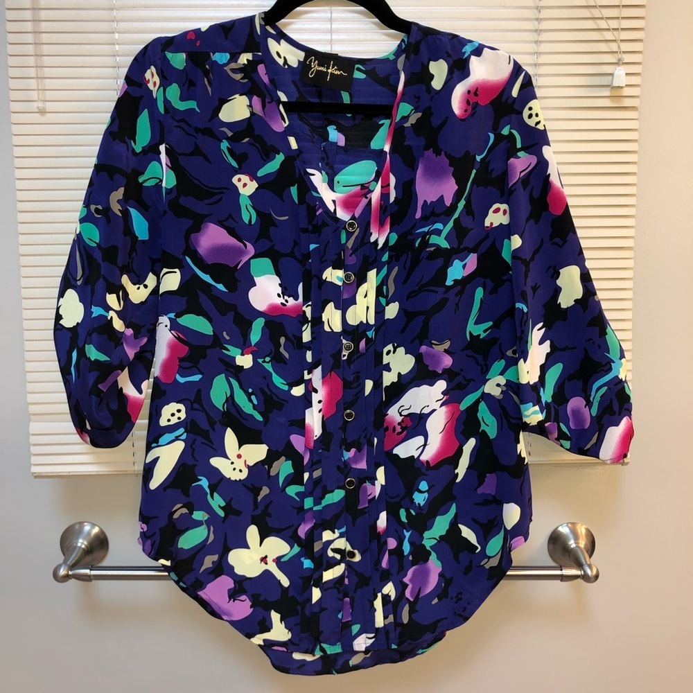 Yumi Kim Blue/Purple Floral Blouse 100% Silk